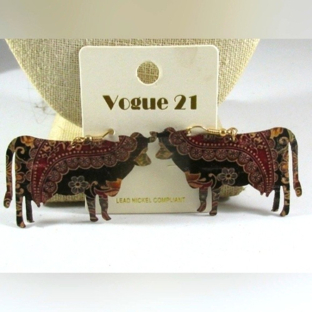 Floral Paisley Cow Cork Leather Dangle Earrings